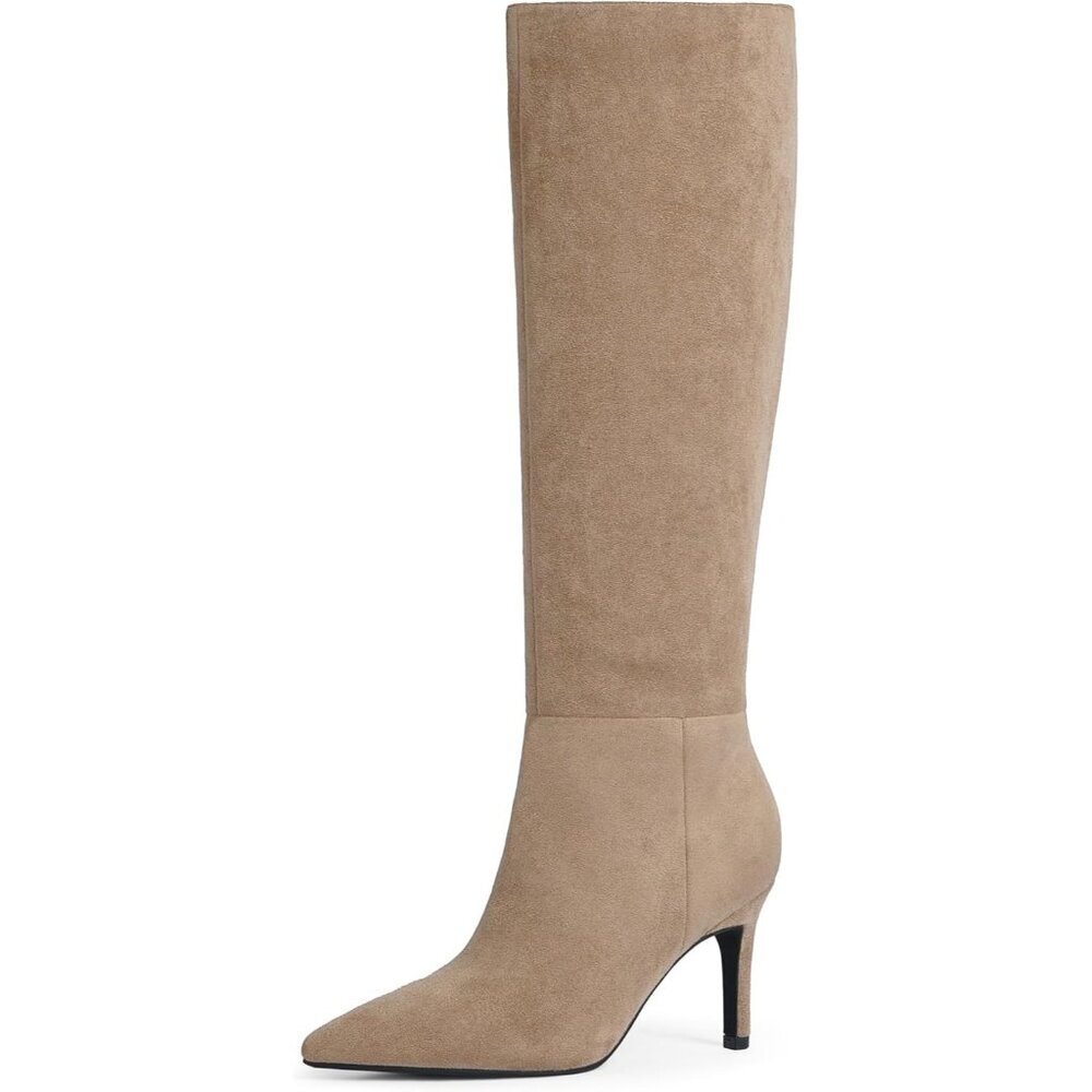 Women Tan Faux Leather Pointed Toe Tall  Stiletto High Heel Zipper Dress Boots